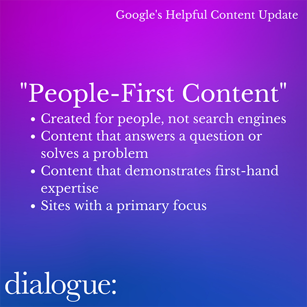 Dialogue Marketing Google Helpful Content Algorithm Update Graphic about "People First" content