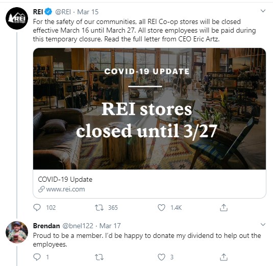 REI pays employees during Covid-19 store shutdown