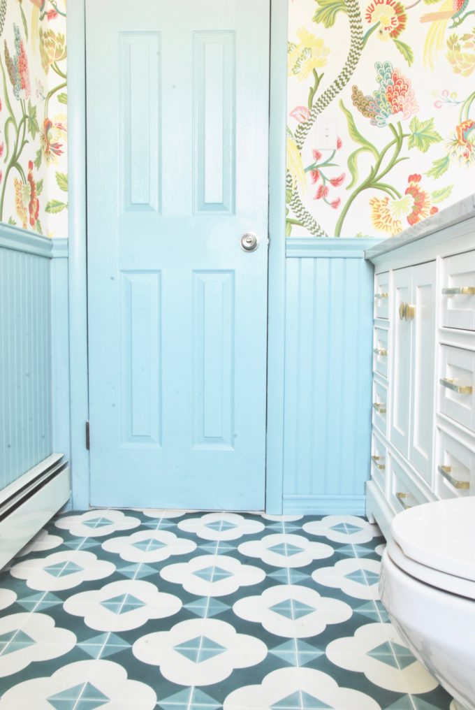 Camilla Pavone-full-reveal-master-bathroom-blue-cement-tile-floral-wallpaper-680x1016_Dialogue Marketing
