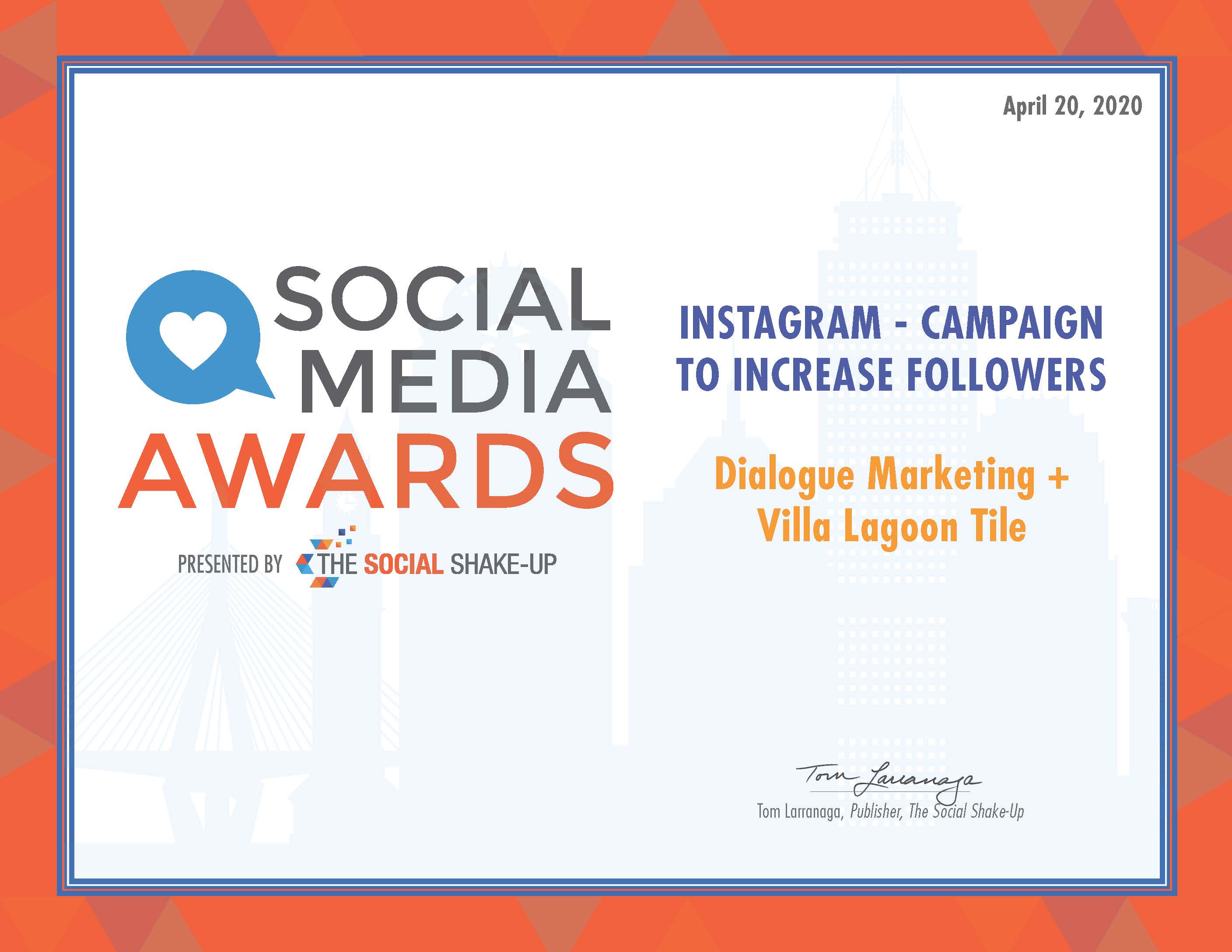 the social shake-up social media awards_instagram-campaign to increase followers_dialogue marketing_villa lagoon tile